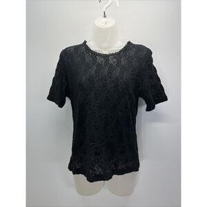 Vintage Bonjour Black Lace Floral Top Short Sleeve Made In USA 100% Nylon